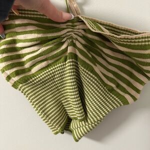 Green and Cream Striped Knit Crop Top